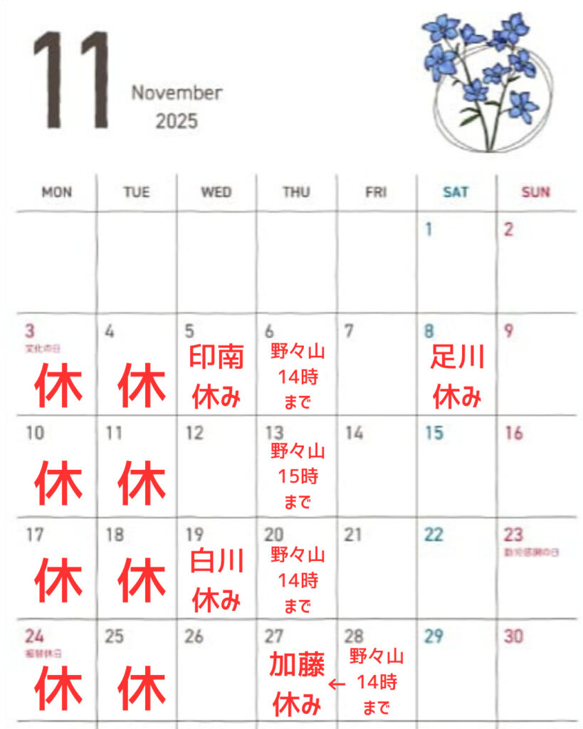 11月営業スケジュール&縮毛矯正キャンペーン中